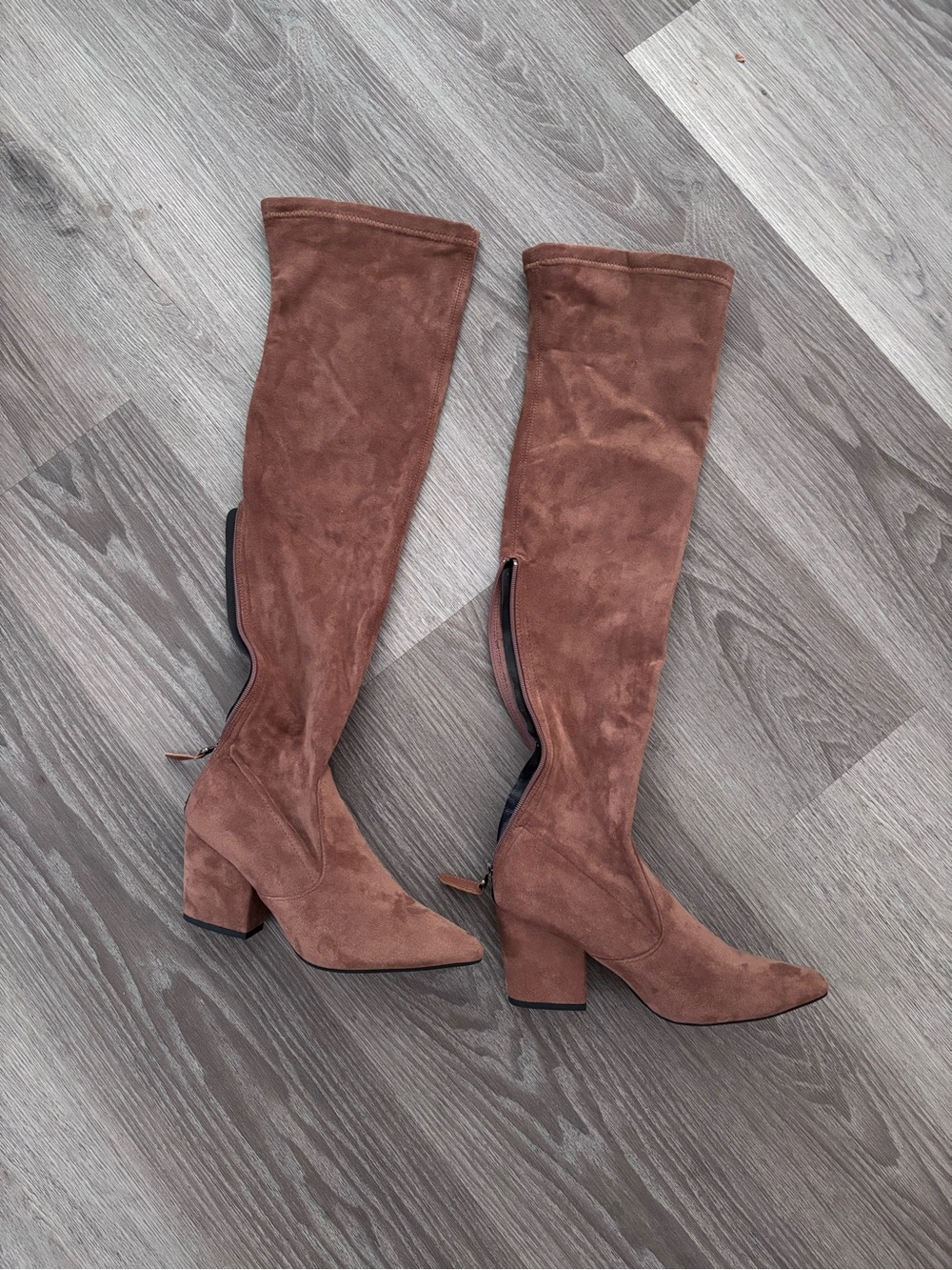 Tall Brown Suede Over-the-Knee Block Heel Boots